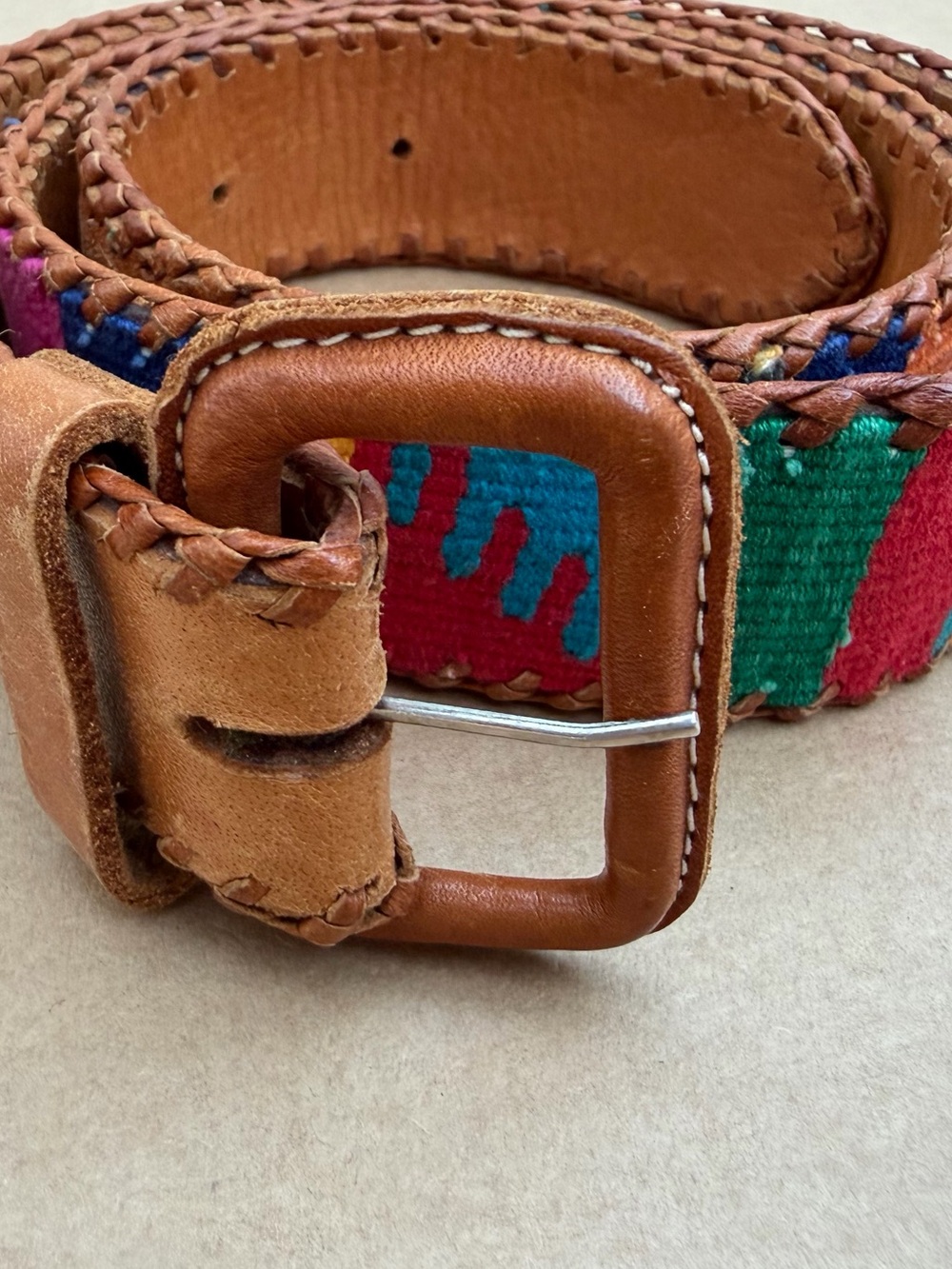 Vintage Guatemala Handwoven Textile Leather Belt Size 32 – 37” Long